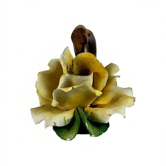 VTG Italian CAPODIMONTE MOLLICA Porcelain Hand Painted Yellow Rose Candle Holder - Picture 3 of 10
